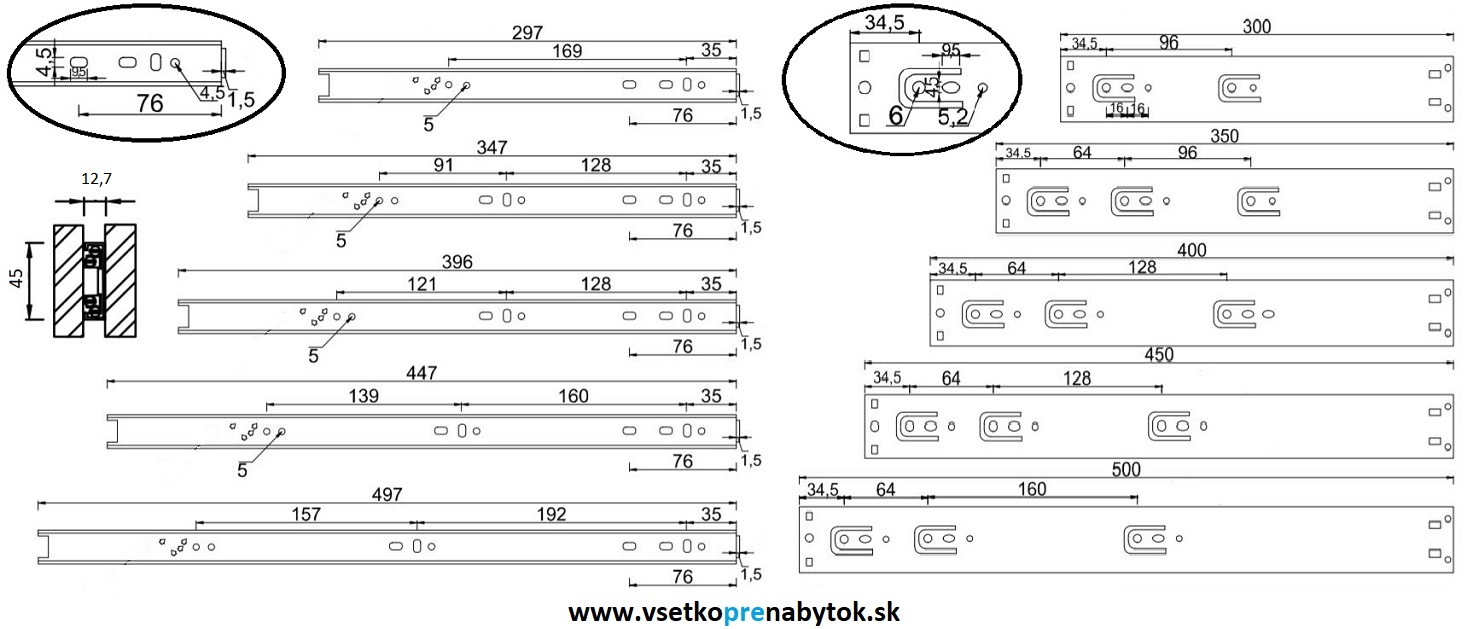 Guličkový celovýsuv PK-114, H-45 mm s PUSH