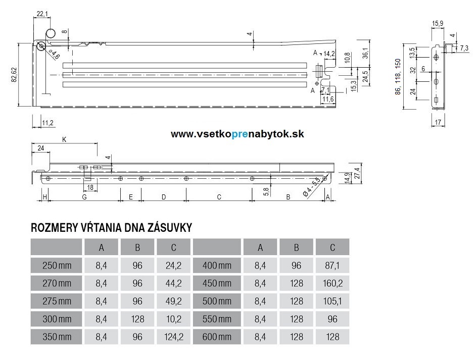 METALBOX kolieskový výsuv s bočnicou H-86mm