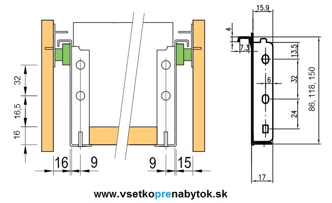 METALBOX kolieskový výsuv s bočnicou H-150mm - sivý