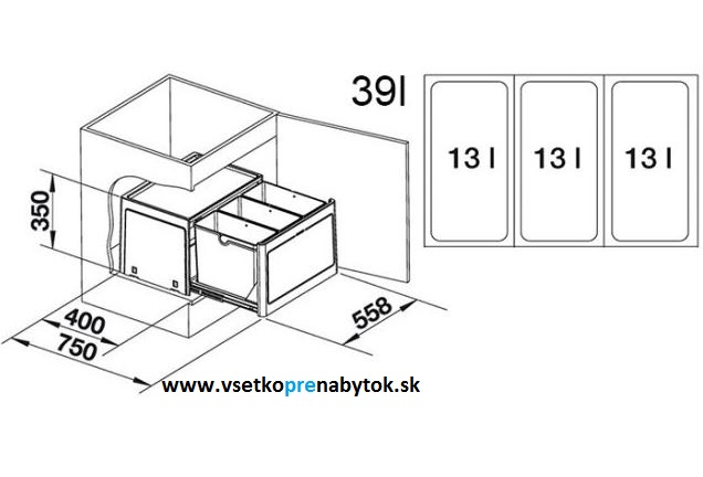 Výsuvný smetný kôš BOTTON Pro automatic 60/3, šírka 600 mm