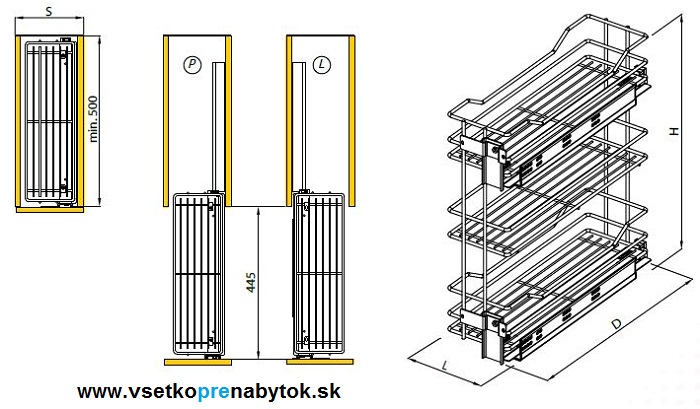 Kôš CARGO MINI Prestige, 3x polica pre šírku skrinky 200 mm