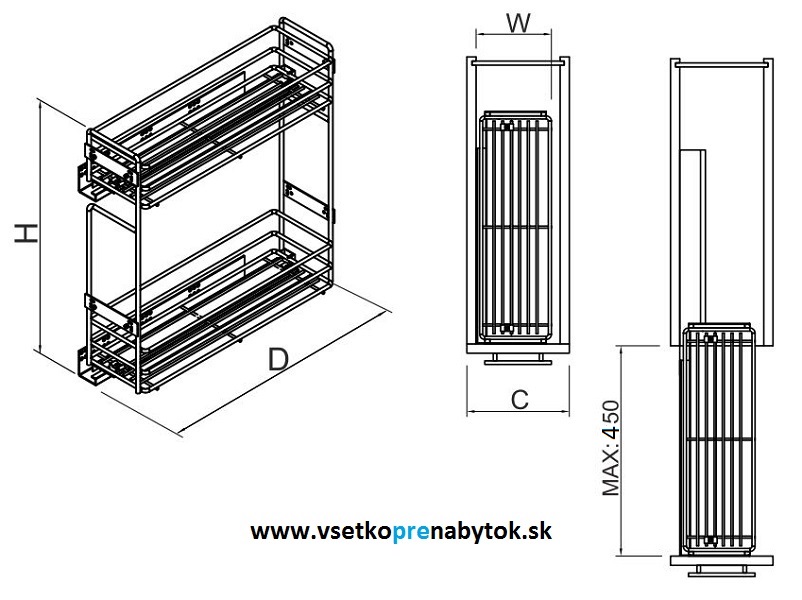 Kôš STARAX, pre šírku skrinky 200 mm - plnovýsuv