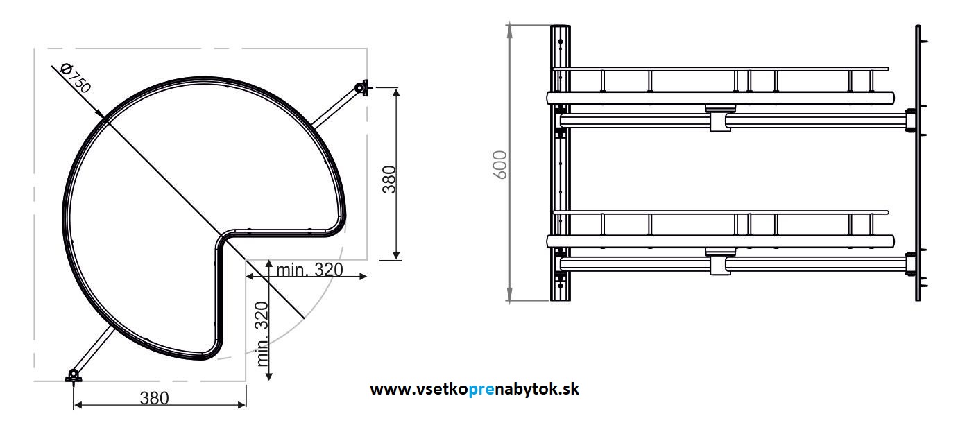Rohový otočný 3/4 kôš STARAX bez stredu