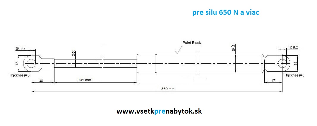 Plynový piest pre posteľové kovanie, dĺžka 360 mm