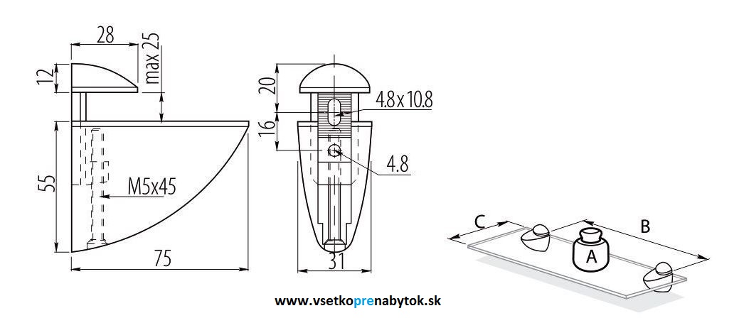 Držiak police - 75 mm