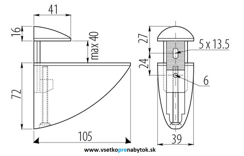 Držiak police - 105 mm