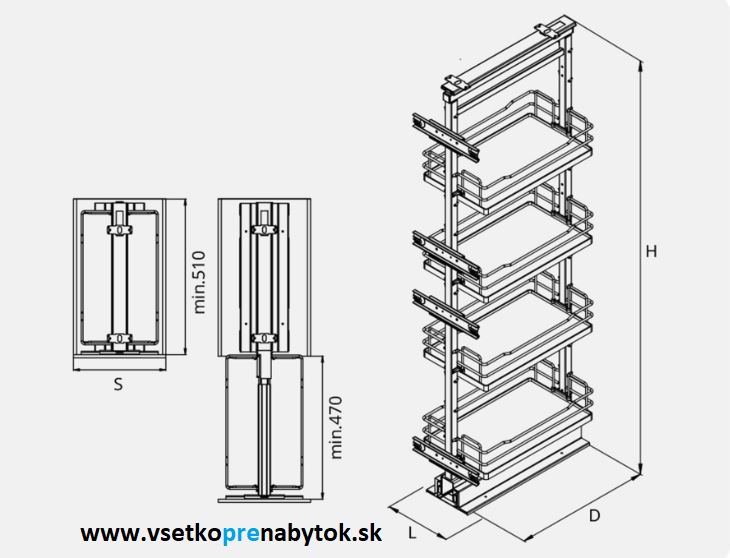 Potravinový kôš CARGO MAXI 1410/1710 mm, 4x polica, plné dno