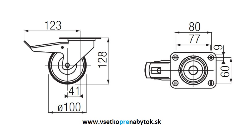  Nábytkové koliesko otočné 3477 fi.100 mm