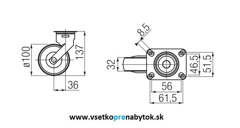  Nábytkové koliesko otočné 5377 fi.100 mm