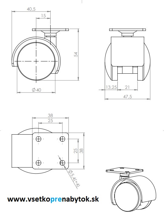  Nábytkové koliesko fi.40 mm, bez brzdy
