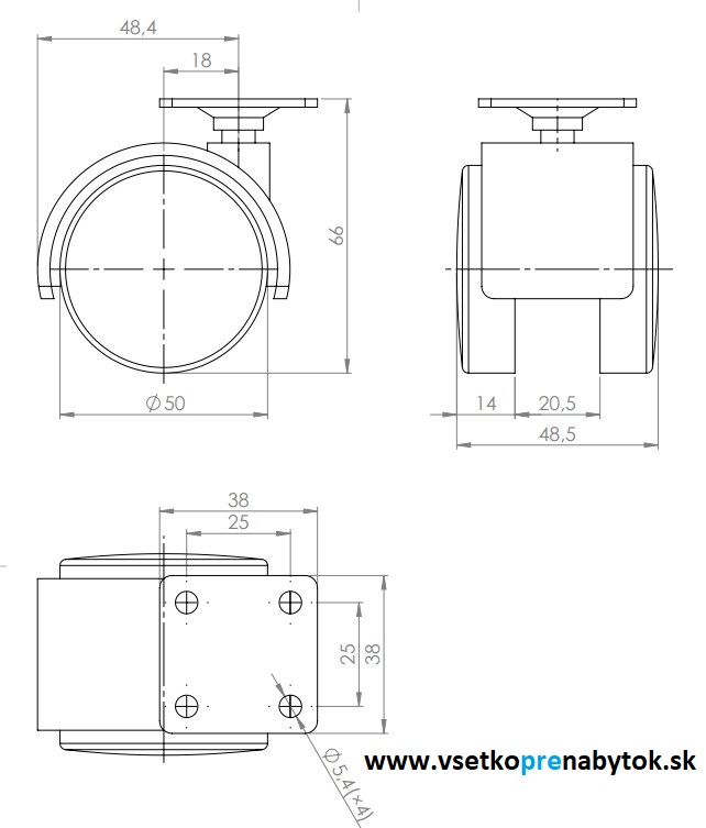 Nábytkové koliesko fi.50 mm, bez brzdy