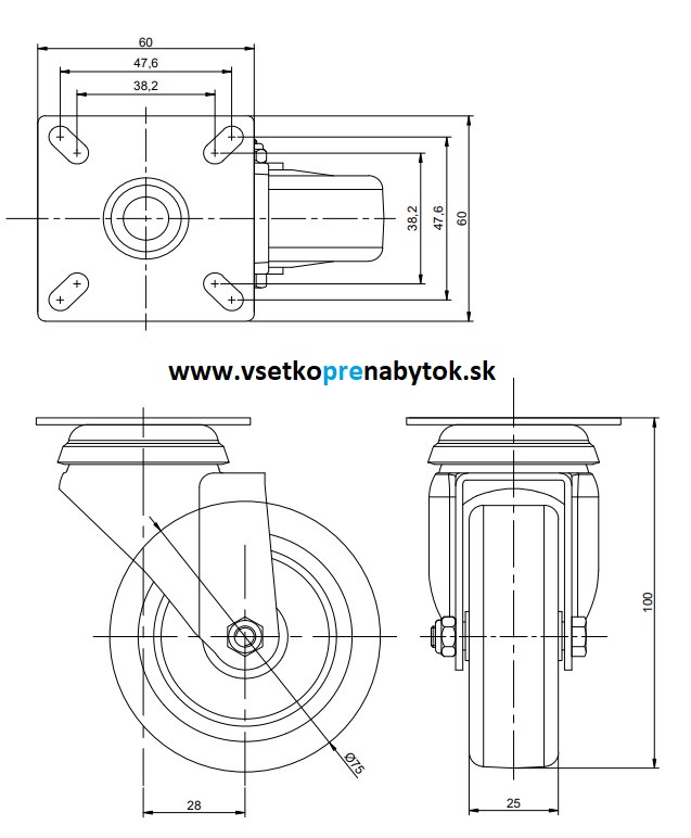 Nábytkové koliesko fi.75 mm, light duty