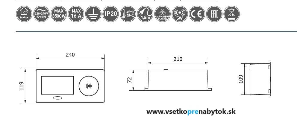Elektrická zásuvka AVARO, 1x220V + 2xUSB