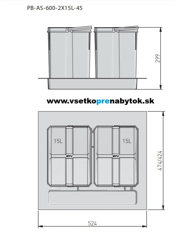 Sorter AxiSpace, šírka 600mm, 2x15L