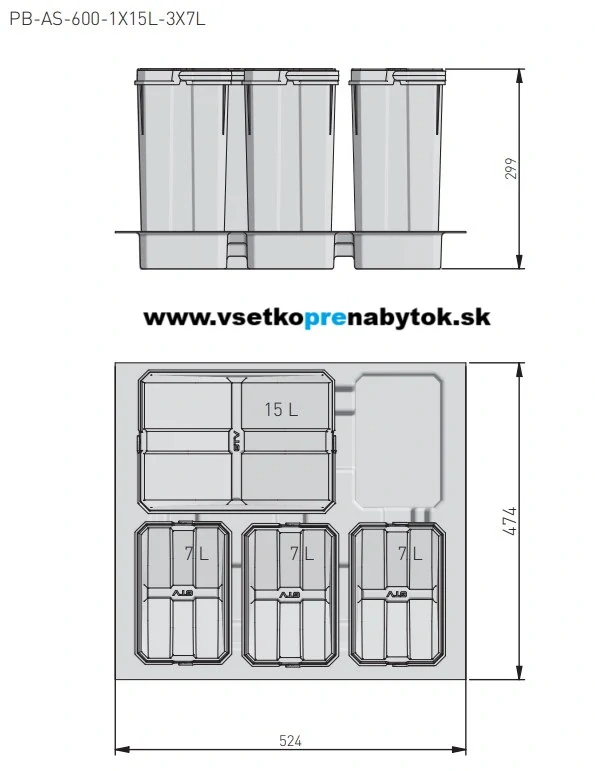Sorter AxiSpace, šírka 600mm, 1x15L, 3x7L