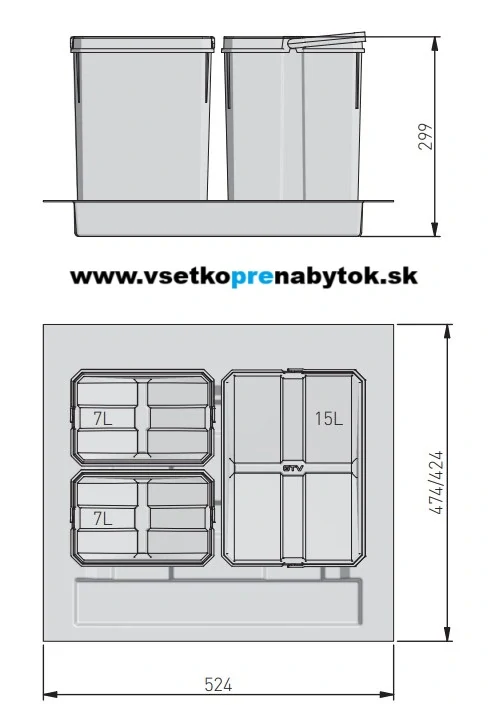 Sorter AxiSpace, šírka 600mm, 1x15L, 2x7L