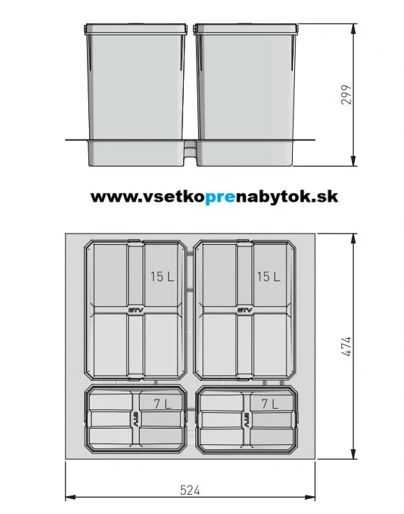 Sorter AxiSpace, šírka 600mm, 2x15L, 2x7L