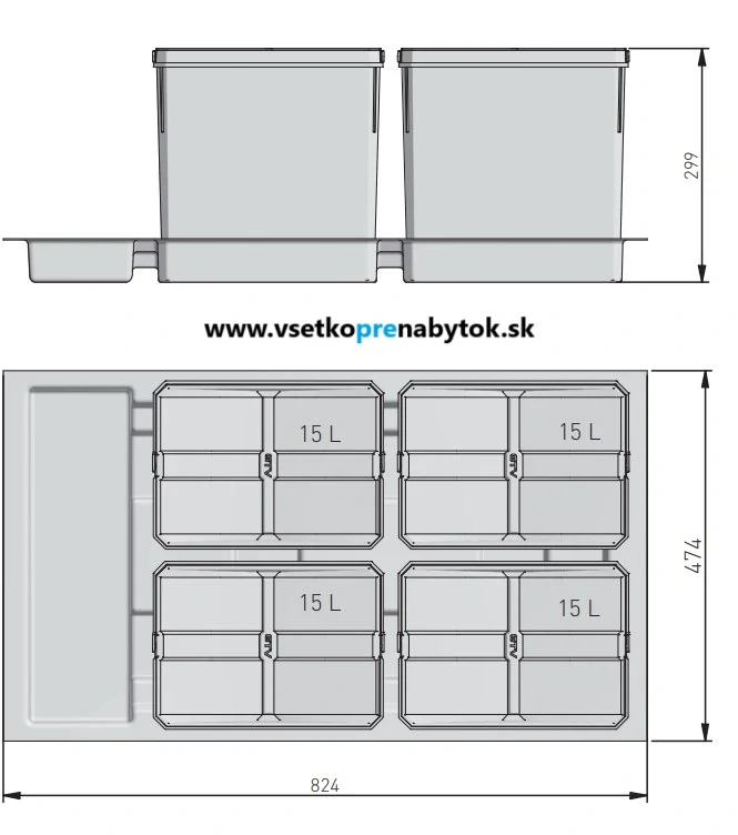 Sorter AxiSpace, šírka 900 mm, 4x15L