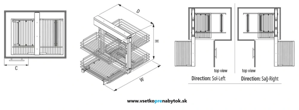   Výsuvné police CORNER 550mm, P-Ľ