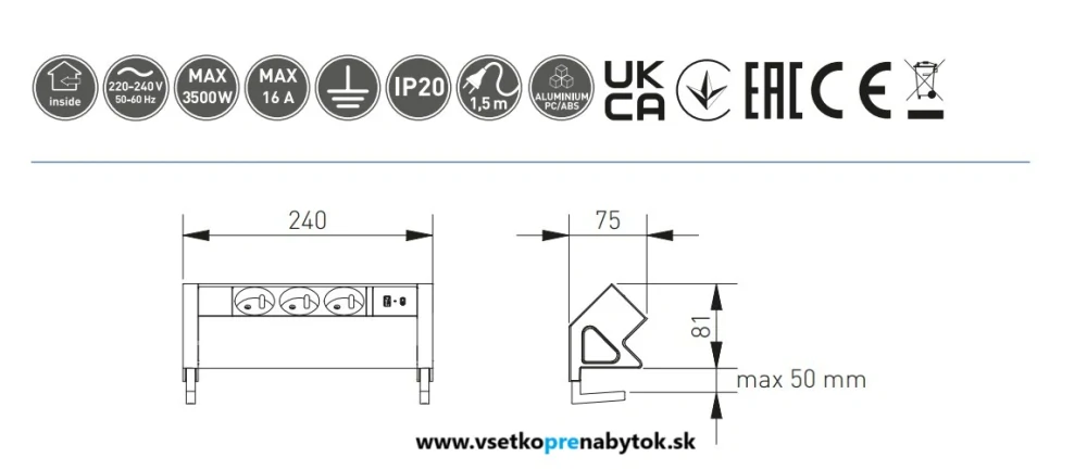 Elektrická zásuvka BASCO, 3x 220V + USB A+C
