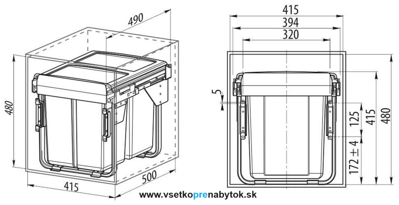 Smetný kôš GTV, šírka 450mm s uchytením čela - 2 nádoby