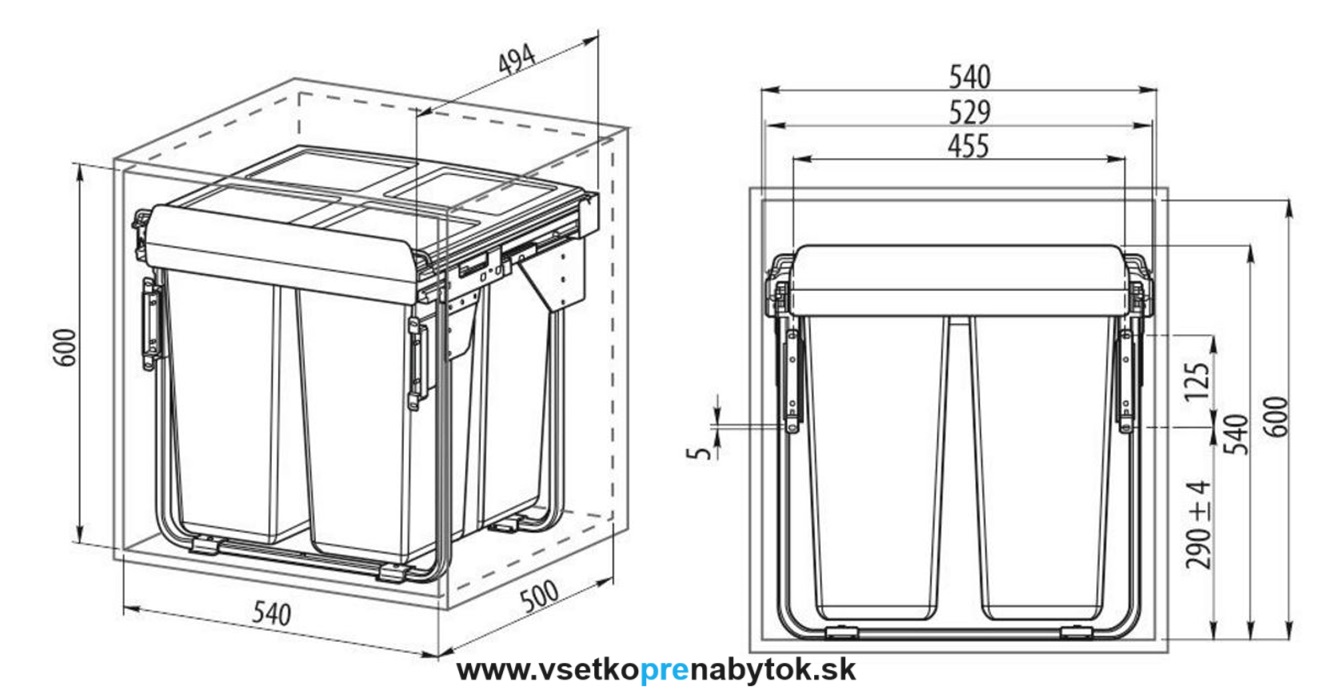 Smetný kôš  GTV PRACTI ECO, šírka 600mm s uchytením čela