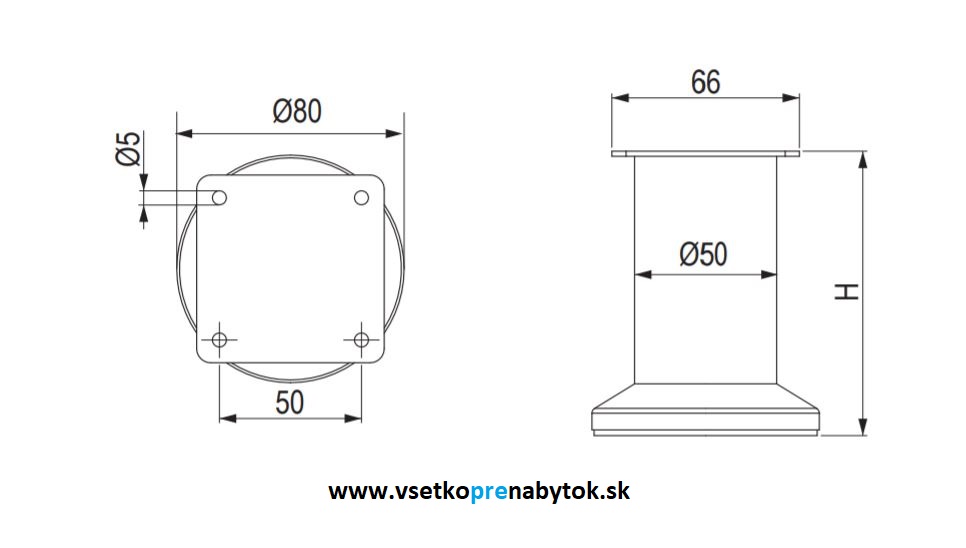 Noha nábytková S13, ø 50 mm, H-200 mm