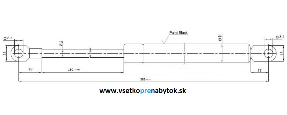 Plynový piest pre posteľové kovanie, dĺžka 360 mm