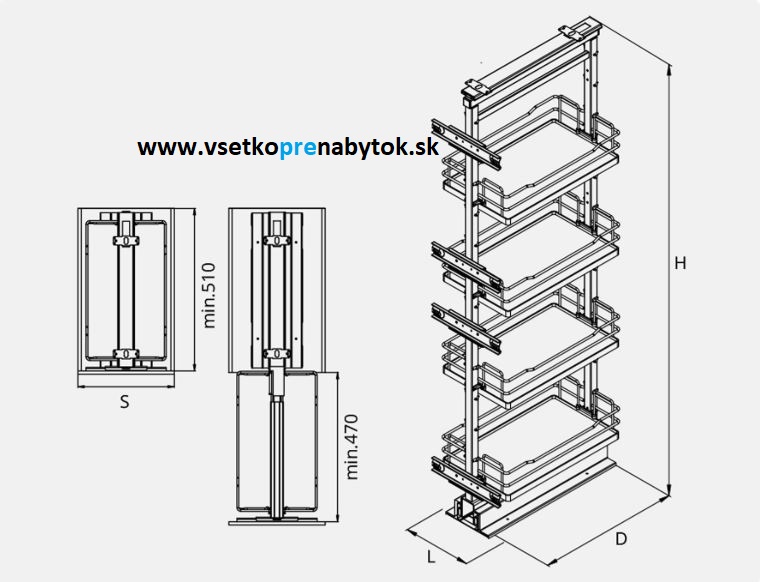  Potravinový kôš CARGO MIDI 1210/1410 mm, 4x polica, plné dno