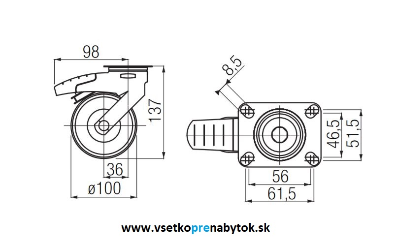  Nábytkové koliesko otočné 5377 fi.100 mm