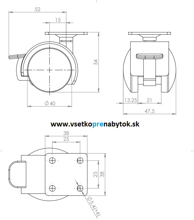  Nábytkové koliesko fi.40 mm, bez brzdy