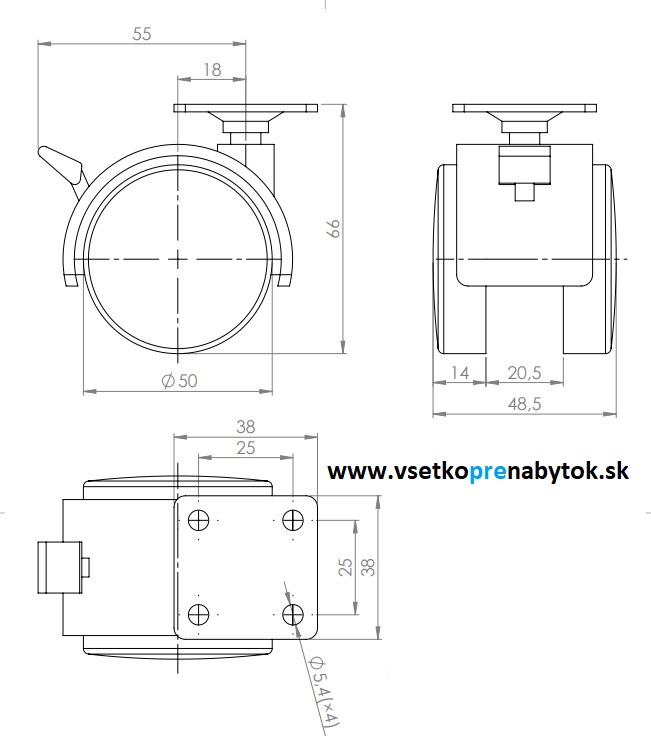  Nábytkové koliesko fi.50 mm, bez brzdy