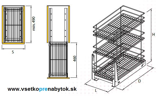 Kôš CARGO MINI Standart, 3x polica pre šírku skrinky 500 mm
