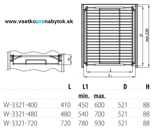 Výsuvný drôtený kôš na prádlo - 88 / 400 mm