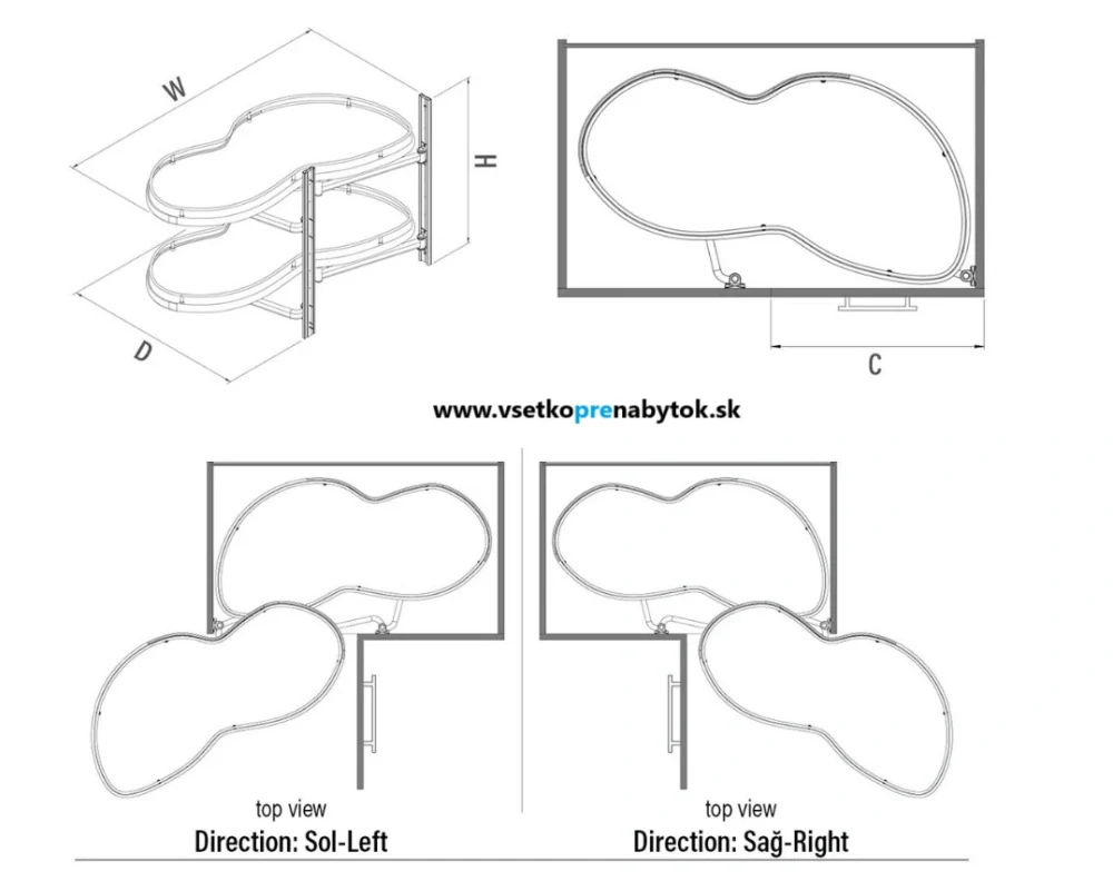Výsuvné police pre slepý roh SECRET 500 mm