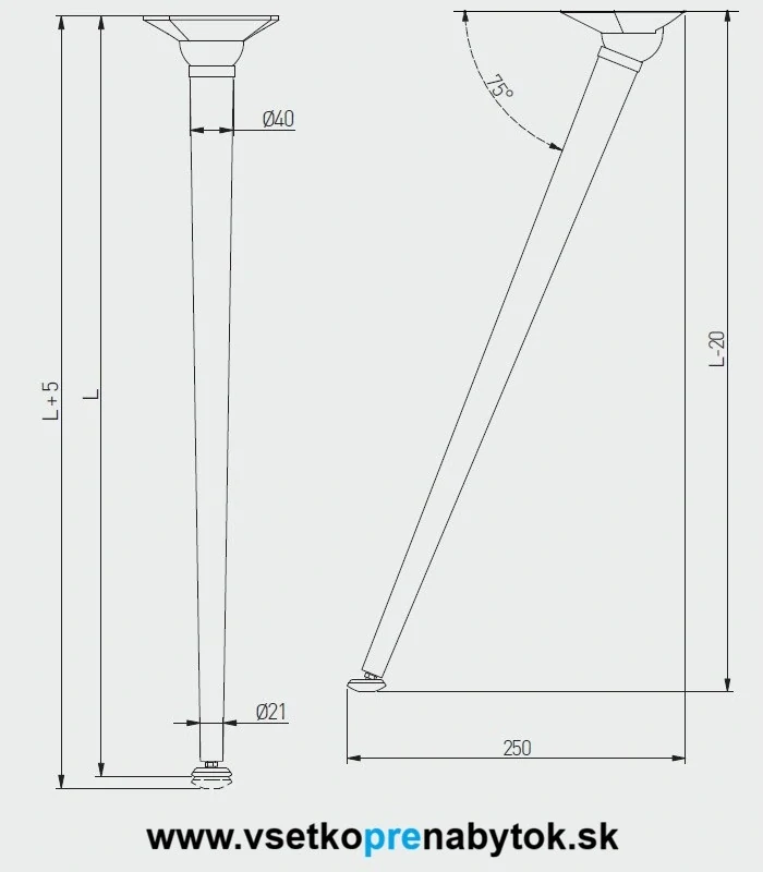 Noha stolová GTV X-LINE šikmá, ø 40mm, výška 710 mm